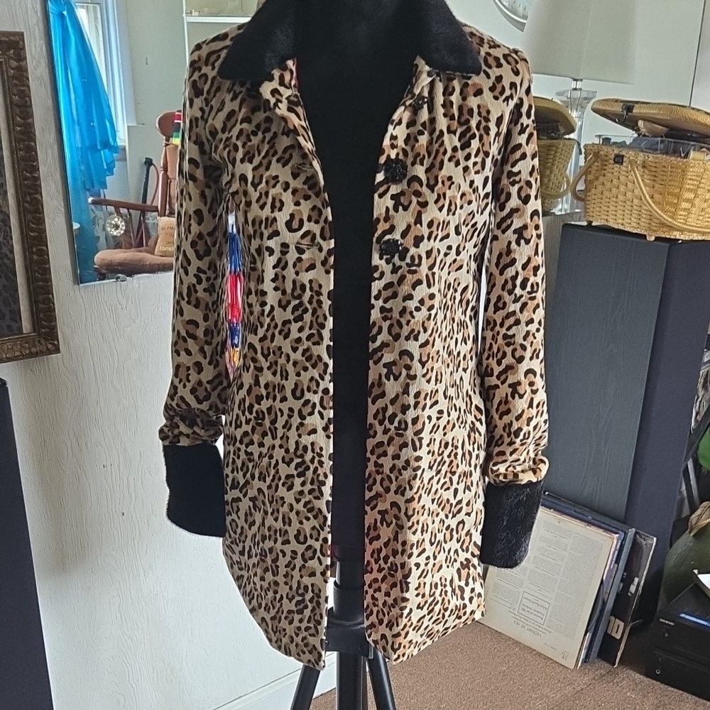 Leopard Print Women's Coat with Black Accents
